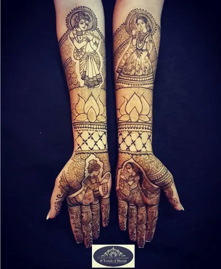 Full-arm bridal mehndi featuring detailed figurative portraits of deities on both forearms and hands